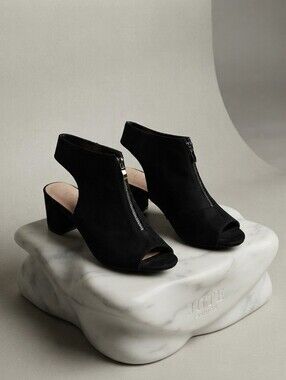 Black Peep-Toe Zip Front Block Heel Mules - Women